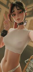 clothed fortnite helsie_(fortnite) looking_at_viewer panties peace_sign see-through see-through_top selfie