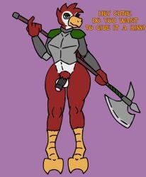 animated anthro armor ass avian balls beckoning bird bottomless clothed clothing dancing dialogue english_text genitals gesture gynomorph halberd intersex kakroon knight looking_at_viewer loop melee_weapon one_eye_closed penis plate_armor polearm shaking_hips solo text warrior weapon wink winking_at_viewer