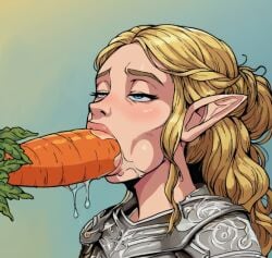 1girls 3d ai_generated armored_female big_toys blonde_hair blue_eyes carrot elf elf_female fantasy fellatio galadriel improvised_sex_toy long_hair lord_of_the_rings megacock pointed_ears size_difference