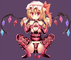 bitchsuit blonde_hair blush bondage boots breasts buttplug buttplug_tail collar crotchless cuffs demon_tail elbow_gloves female flandre_scarlet frogtie harness hat kimamani nipples pussy red_eyes solo tail thighhighs touhou uncensored