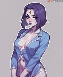 ai_generated blue_shirt bottomless breasts cleavage closed_mouth collarbone colored_skin dc dc_comics female forehead_jewel grey_background grey_skin long_sleeves looking_at_viewer medium_breasts megasonek navel outline pajamas patreon_username purple_eyes purple_hair purple_lips raven_(dc) shirt short_hair simple_background solo teen_titans upper_body watermark white_outline