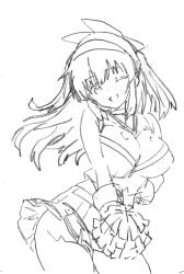 1girls alternate_costume alternate_hairstyle arm_behind_back artist_name big_breasts breasts busty cheerleader confident covered_nipples female female_only gloves hair_ribbon hi_res highres king_of_fighters large_breasts legs long_hair looking_at_viewer midriff monochrome nakoruru one_eye_closed open_mouth pom_pom_(cheerleading) pom_poms pose posing ribbon samurai_shodown shirt sketch skirt sleeveless sleeveless_shirt smile snk solo thick_thighs thighs tongue traditional_media traditional_media_(artwork) twintails voluptuous wink