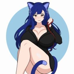 absurd_res big_breasts black_shirt blue_hair cat_ears cat_tail catgirl hi_res hips large_breasts leash long_hair looking_at_viewer mole_under_eye moles_under_eyes nipples_visible_through_clothing red_leash shirt_only snezha virtual_youtuber vtuber yellow_eyes