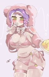 1girls bikini blush bow bowtie breasts female fork fork_in_mouth looking_at_viewer navel nintendo octoling octoling_girl purple_hair short_hair smchan_hll solo solo_female solo_focus splatoon tentacle_hair thighhighs utensil utensil_in_mouth