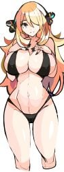 bikini black_bikini black_nails blonde_hair cynthia_(pokemon) enpe large_breasts long_hair looking_at_viewer smile thick_thighs