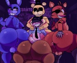 2025 animatronic anus balls big_ass big_butt bonnie_(fnaf) five_nights_at_freddy's foxy_(fnaf) freddy_(fnaf) furu_flami gay golden_freddy_(fnaf) group_sex hotdogging human male male/male penis security_guard spread_ass tagme testicles