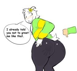 2025 accessory anthro anthro_focus asriel_dreemurr ass big_butt boss_monster_(undertale) bottomwear bovid bubble_butt caprine chara chara_(undertale) chara_dreemurr clothed clothing dialogue english_text eyebrows femboy flower flower_in_hair fur gesture goat hair hair_accessory hand_gesture horn human long_sleeves looking_back male male_only mammal offscreen_character pants paulpla plant shirt simple_background solo solo_focus spank_marks standing text thick_thighs thumbs_down tight_bottomwear tight_clothing tight_pants topwear tuft undertale undertale_(series) white_background wide_hips