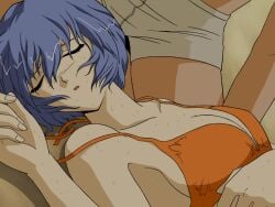 blue_hair bra breasts cleavage exposed_shoulders neon_genesis_evangelion official_art rei_ayanami sleeping