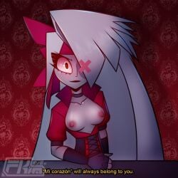 1_eye angel blush breasts casual_exposure clothed clothing detailed_background exhibitionism female fkimnsfw grey_body hair hazbin_hotel nipples partially_clothed smile standing vaggie_(hazbin_hotel) white_hair