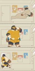 2025 absurd_res anthro ass bedding bedroom belly big_belly blanket bottomwear bulge canid canine canis clothing comic detailed_background domestic_dog hat headgear headwear hi_res kemono male mammal open_mouth overweight overweight_male pants quanjiang shirt sitting skinsuit superhero tight_clothing topwear yawn