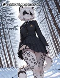 1girls ai_generated animal_ears artist_name black_blindfold black_jacket black_necktie black_skirt blazer blindfold breasts closed_mouth female forest furry furry_female jacket leopard_ears leopard_girl leopard_tail long_sleeves meevow nature necktie nier:_automata outdoors patreon_username pleated_skirt school_uniform shirt short_hair skirt snow snowing solo tail tree walking white_fur white_hair white_shirt yorha_2b