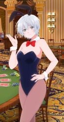 1girls bunny_ears bunny_girl bunnysuit cleavage hand_on_hip jaku-chara_tomozaki-kun kikuchi_fuuka looking_at_viewer medium_breasts short_hair silver_hair standing