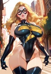 2d ai_generated big_breasts blonde_female blonde_hair domino_mask elbow_gloves female female_focus female_only leotard long_hair marvel marvel_comics mask ms._marvel ms._marvel_(carol_danvers) outdoors solo solo_female solo_focus tagme thighhighs