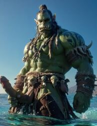 ai_generated alone big_muscles big_penis day holding_penis looking_at_viewer male muscular muscular_male ocean orc orc_male outdoors sea solo solo_male standing standing_in_water