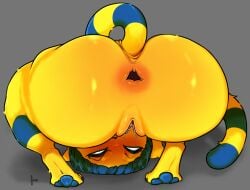 angry animal_crossing ankha_(animal_crossing) anthro anus blue_hair blushing_at_viewer bodily_fluids crouching cum cum_drip cupic dripping female fur genital_fluids genitals hair nintendo pussy rear_view solo yellow_body yellow_fur