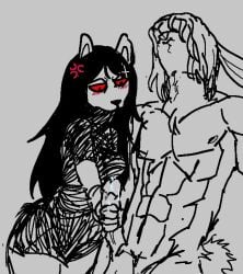 angry black_hair catwitch_(xarop77) domestic_cat feline feline_humanoid female_masturbing_male handjob lagomorph leporid leporid_humanoid long_hair masturbating_other muscular muscular_male nsfwaffleman pectorals rabbit red_eyes sketch straight_hair xarop77