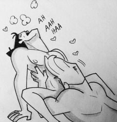 2boys blowjob fellatio gay johnny_bravo johnny_bravo_(series) looking_pleasured male_only oral_sex samurai_jack samurai_jack_(character) traditional_art