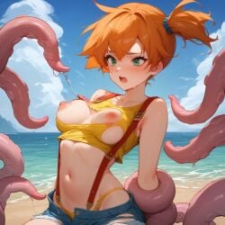 ai_generated crop_top forced_undressing jean_shorts kasumi_(pokemon) orange_hair ripped_clothing shorts side_ponytail suspenders tentacle tentacle_grab tentacle_rape tentacle_restraint