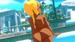 ass ass back_view blonde_hair completely_nude_female daki_(daitomodachi) dark-skinned_female looking_back smug_expression