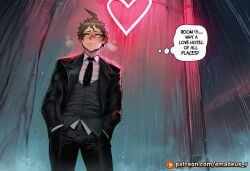 <3 1boy ahoge ai_generated black_jacket black_necktie black_pants black_vest brown_hair clothed clothing collared_shirt danganronpa danganronpa_2:_goodbye_despair english_text formal from_below hands_in_pockets heart hinata_hajime jacket long_sleeves male male_focus necktie open_clothes open_jacket outdoors pants patreon rain raining shirt short_hair solo speech_bubble suit text thought_bubble topwear trembling tsumiki_mikan vest web_address white_shirt