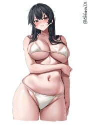 agano_(kantai_collection) aqua_eyes arm_under_breasts artist_name bikini black_hair blush breasts cleavage closed_mouth cropped_legs ebifurya female groin hair_intakes highres kantai_collection large_breasts long_hair looking_at_viewer navel one-hour_drawing_challenge shiny_skin simple_background skindentation solo stomach swimsuit twitter_username underboob white_background white_bikini