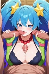 3boys 3boys1girl ai_generated blue_eyes blue_hair bra cum cum_on_breasts detached_sleeves double_handjob female green_sleeves hair_ornament handjob league_of_legends licking_penis multiple_penises paizuri pearl_necklace riot_games sona_buvelle titjob tongue_out twintails