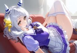 ai_generated green_eyes hishi_miracle_(umamusume) ribbon_in_hair silver_hair stockings tagme umamusume umamusume_pretty_derby