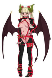 bat_wings bondage bondage bottomless breasts copyright_request demon_girl highres horns large_breasts no_panties oshiruko_(artist) oshiruko_(shiruko) simple_background solo wings