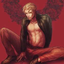 alone blonde_hair clothed_sex clothing colored cum cum_in_mouth cum_on_face denial jojo's_bizarre_adventure kira_yoshikage male male_only muscular pants post_sex serious_look unbuttoned unbuttoned_shirt undressing yoshikage_kira