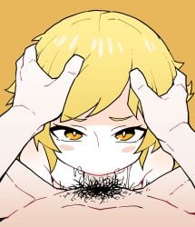 akableak blonde_hair blowjob blowjob_face cum cum_in_mouth cum_inside cumming half-closed_eyes monogatari_(series) oshino_shinobu pubic_hair short_hair