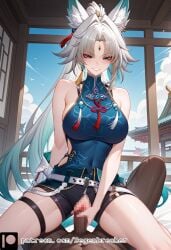 1girls ai_generated ass cowgirl_position degenbrecher feixiao_(honkai:_star_rail) grin guided_penetration honkai:_star_rail large_breasts patreon patreon_username sports_bra subscribestar subscribestar_username