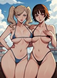 ai_generated ann_takamaki areola_slip areolae bikini breasts crown_braid dancing earrings huge_breasts large_breasts lingerie looking_at_viewer makoto_niijima micro_bikini persona persona_5 tagme thick_thighs twintails video wide_hips