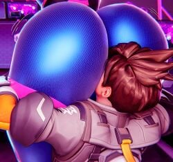 2girls 3d ass blizzard_entertainment bodysuit brown_hair d.va dialogue eating_ass female female_only large_ass muunsfw overwatch rimming short_hair text tracer yuri