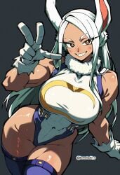 2d_(artwork) athletic_female boku_no_hero_academia bunny_ears bunny_girl dark-skinned_female gloves komatsuki komatsuki_n large_breasts leotard long_hair miruko my_hero_academia peace_sign rumi_usagiyama stockings thick_thighs voluptuous_female white_hair wide_hips