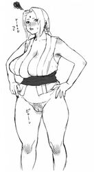 armpits bobobo breasts cleavage female female_only forehead_mark human monochrome naruto plump ponytail pussy solo tied_hair tsunade