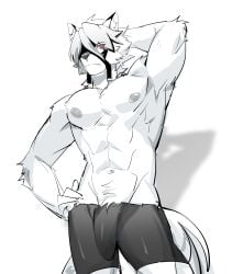 2025 absurd_res anthro black_clothing bulge canid canine canis clothed clothing detailed_bulge fur fur_tuft genital_outline genitals grey_nipples hair hair_over_eye hi_res kurulz male mammal navel nipples pecs penis penis_outline pose red_eyes shadow solo tail topless tuft white_arms white_body white_fingers white_fur white_hair white_penis white_tail wolf