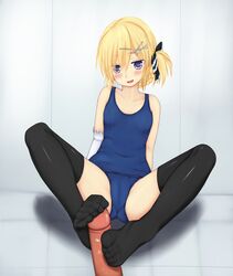 blonde_hair copyright_request elbow_glove elbow_gloves feet female footjob footjob_with_footwear gloves highres no_shoes penis purple_eyes school_swimsuit single_glove swimsuit tenyoshi_(briansept) thighhighs