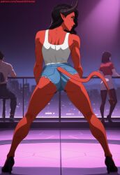1boy2girls ai ai-created ai_art ai_generated ass black_hair city_background cityscape colored_skin cutoffs dancing demon_girl demon_horns demon_tail denim_shorts dispatch_(game) from_behind game_cg high_heels horns legs_apart long_hair looking_back malevola_gibb microshorts muscular_female night_sky parted_lips pointy_ears shorts standing tail tank_top