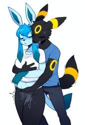 ai_generated anthro belly black_body black_fur blue_body blue_fur blush blush breast_grab breasts canid claws clothed clothes_lift digitigrade duo ears_back ears_up eeveelution eeveelutions female fingering fingering_partner fingering_pussy fingering_under_clothes from_behind fur fur_markings furry generation_2_pokemon generation_4_pokemon glaceon hug hug_from_behind looking_pleasured love male male/female mammal mammal_humanoid nintendo pokemon reach_around standing tail umbreon wet wet_clothes wet_pussy yellow_markings