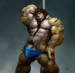 1boy abs anthro balls beard biceps braford clothing feline flexing fur furry hair hairy happy_trail male male_only muscles pecs penis pose red_hair showing_off solo thong tiger torn_clothing