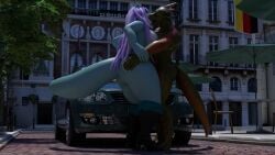 3d_(artwork) anthro ass big_butt car city digital_media_(artwork) dominatrix dragon female hi_res hug male male/female mythological_creature mythological_scalie mythology nintendo pokemon scalie street sui suicune_queen_(artist) vehicle wide_hips