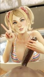 1girls 3d absurd_res bikini bikini_top bimbo blonde_hair blonde_hair_blue_eyes blue_eyes busty cleavage dochaunt24 female handjob huge_breasts juliet_starling large_penis lollipop_chainsaw looking_at_viewer peace_sign pigtails smile smiling twintails unseen_male_face watermark