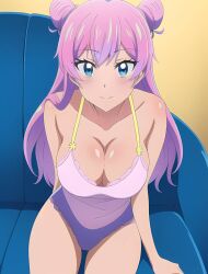 blue_eyes blush breasts flustered fuufu_ijou_koibito_miman intimate lingerie pink_hair pink_shirt watanabe_akari