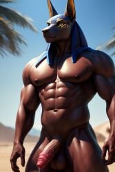 ai_generated anubis balls ballsack brown_body cum cum_drip erect_penis erection muscles muscular muscular_male naked naked_male nude nude_anthro nude_male solo solo_male