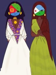 2girls big_breasts countryhumans countryhumans_girl dark-skinned_female djibouti_(countryhumans) earrings eritrea_(countryhumans) flawsy fuck_isaias_afwerki green_eyes hands_behind_back hijab jewelry necklace white_dress