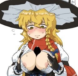 1boy @_@ black_gloves black_hat blank_censor blonde_hair blush braid breasts breasts_squeezed_together bseibutsu censored cleavage cleavage_cutout clothing_cutout commentary_request cookie_(touhou) eyebrows_hidden_by_hair female flying_sweatdrops frilled_hat frills frown gloves hair_between_eyes hat kirisame_marisa large_breasts large_variant_set looking_down mars_(cookie) nipples paizuri partially_fingerless_gloves penis puffy_sleeves red_scarf scarf side_braid solo_focus sweat touhou underbust upper_body variant_set witch_hat yellow_eyes