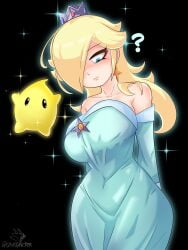 1girls ? artist_name big_breasts blonde_female blonde_hair blue_dress blue_eyes breasts crown dress earrings hair_over_one_eye long_dress long_hair luma mario_(series) nintendo princess_rosalina sautencrer super_mario_galaxy