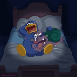 absurd_res avian bedroom bedroom_background bedroom_sex bird blush bodily_fluids cum cumshot cumshot_on_face dark_lighting duo ejaculation escargoon gastropod genital_fluids hands-free hi_res king_dedede kirby:_right_back_at_ya! kirby_(series) male male/male mollusk nintendo nipples on_model oral penguin samuraijackin snail submissive submissive_male