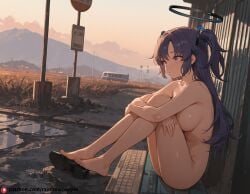 ai_generated beautfiul_background blue_archive breasts bus_stop completely_nude_female feet freckles halo large_breasts naked naked_female nude purple_eyes purple_hair toes yuuka_(blue_archive)