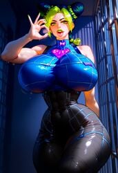 1girls ai_generated big_breasts bimbo bimbo_body blush breasts_bigger_than_head fellatio_gesture female gigantic_breasts green_eyes green_hair green_lipstick hourglass_figure huge_ass huge_breasts jojo's_bizarre_adventure jolyne_kujo lipstick massive_breasts seductive seductive_look short_hair stone_ocean thetyre thick_thighs voluptuous wide_hips